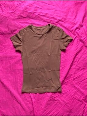 Brown Crewneck Short Sleeve Women's Top Spandex and Polyester